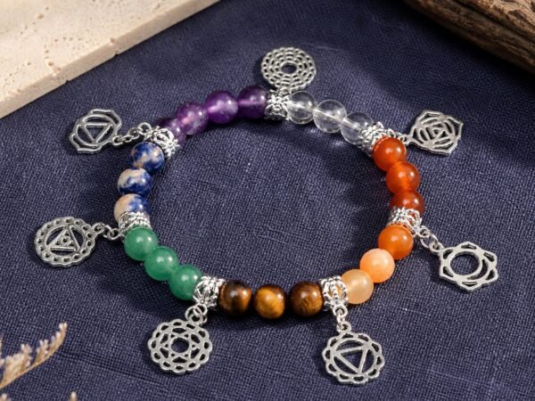 Seven chakra symbol charm bracelet with seven-colour rough-stone crystal beads and dangling charms