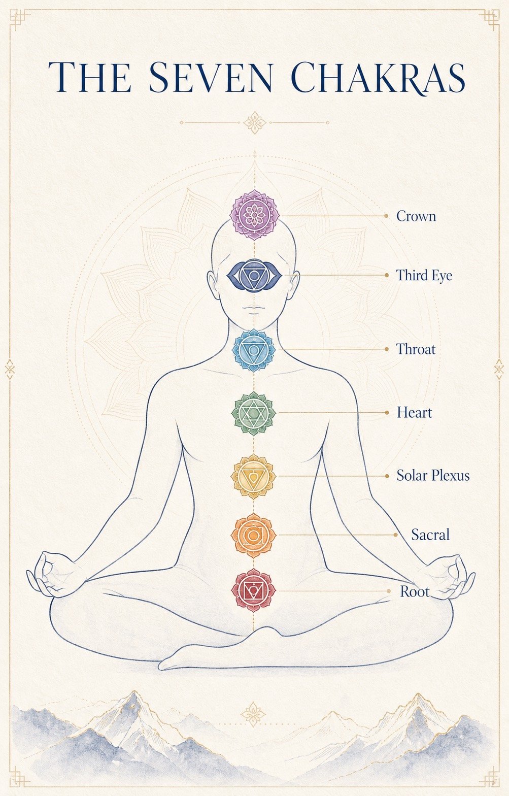 Seven chakras overview with colors, intentions and crystal pairings