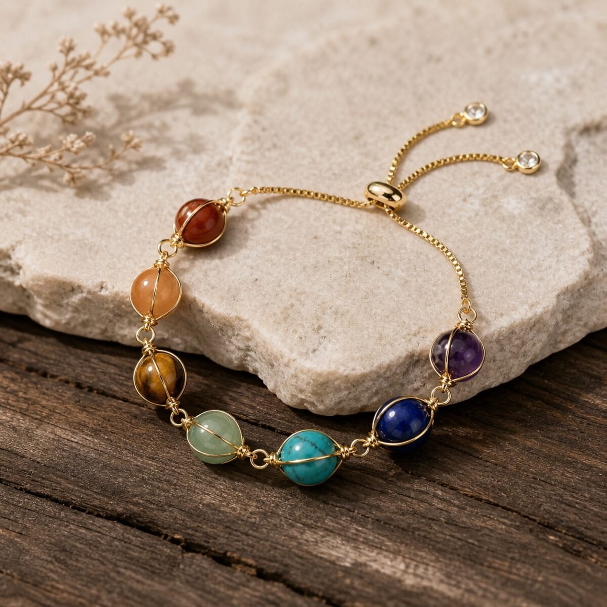 seven-colour-chakra-intention-bracelet-01-main Seven colour chakra intention bracelet with natural crystal beads and adjustable hand-braided cord