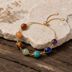 Seven colour chakra intention bracelet with natural crystal beads and adjustable hand-braided cord