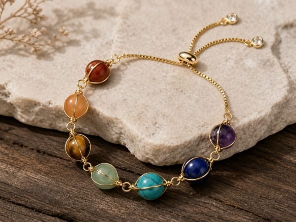Seven colour chakra intention bracelet with natural crystal beads and adjustable hand-braided cord
