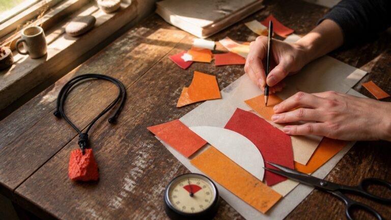 Hands cut and draw red-orange paper fragments beside a red stone during a seven-minute creative restart