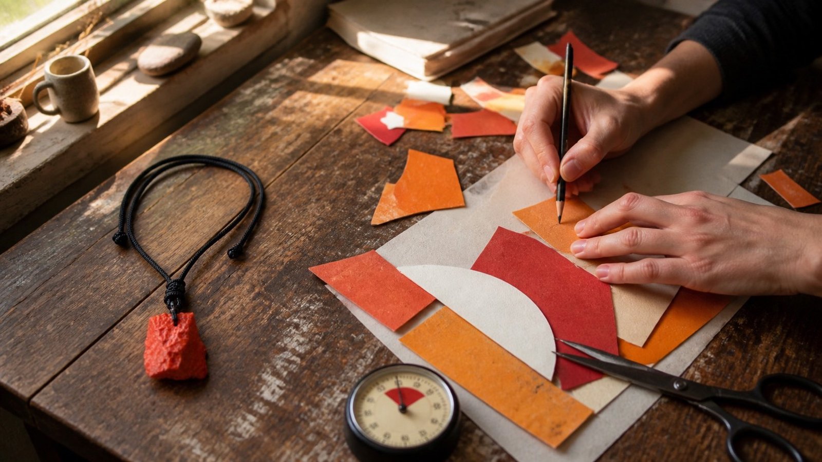 Hands cut and draw red-orange paper fragments beside a red stone during a seven-minute creative restart