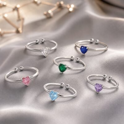 Silver Birthstone Heart Rings