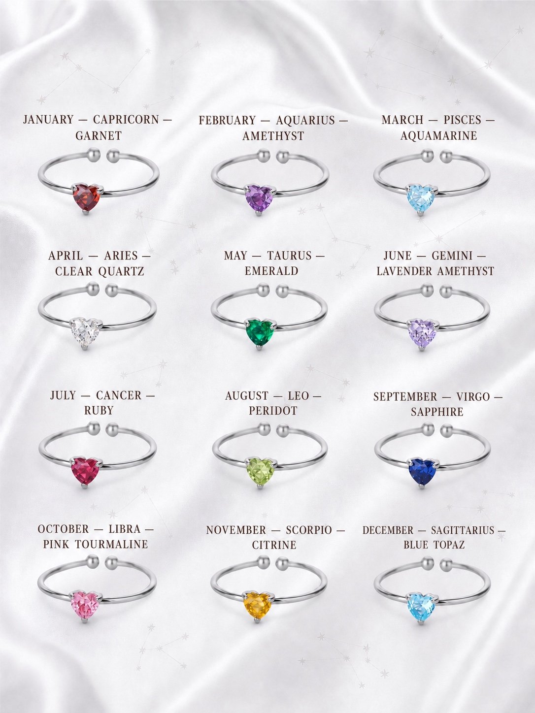 Silver Birthstone Heart Rings