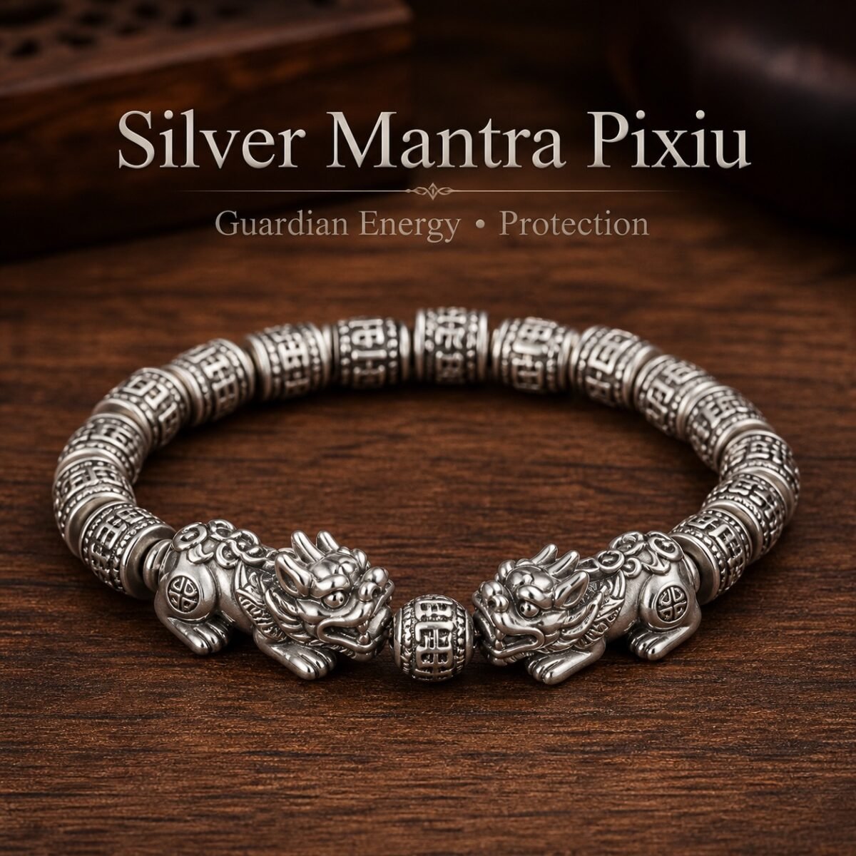 silver-mantra-pixiu-guardian-bracelet-01-main Pixiu Guardian Bracelet with carved Thai silver beads and Pixiu centerpiece