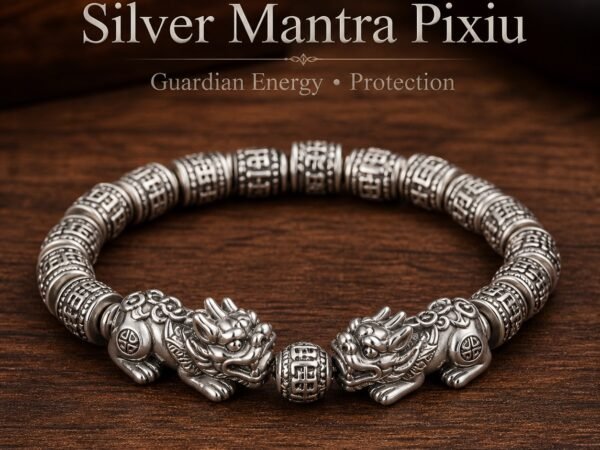 Pixiu Guardian Bracelet with carved Thai silver beads and Pixiu centerpiece