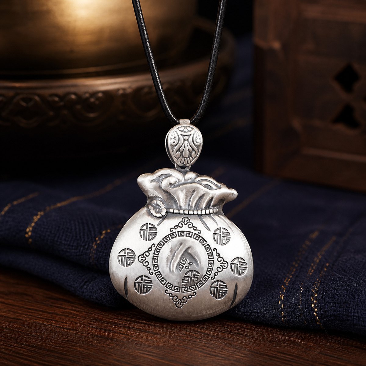 Fortune Pouch Necklace with S999 fine-silver pendant and antiqued finish