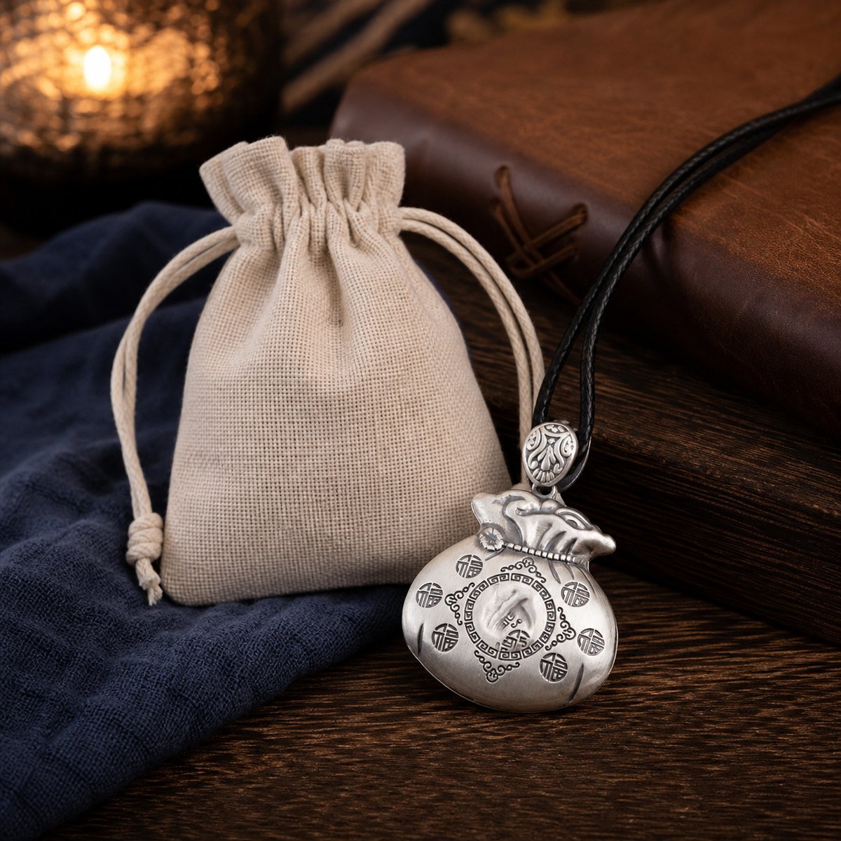 Silver-Plated Fortune Pouch Amulet Necklace