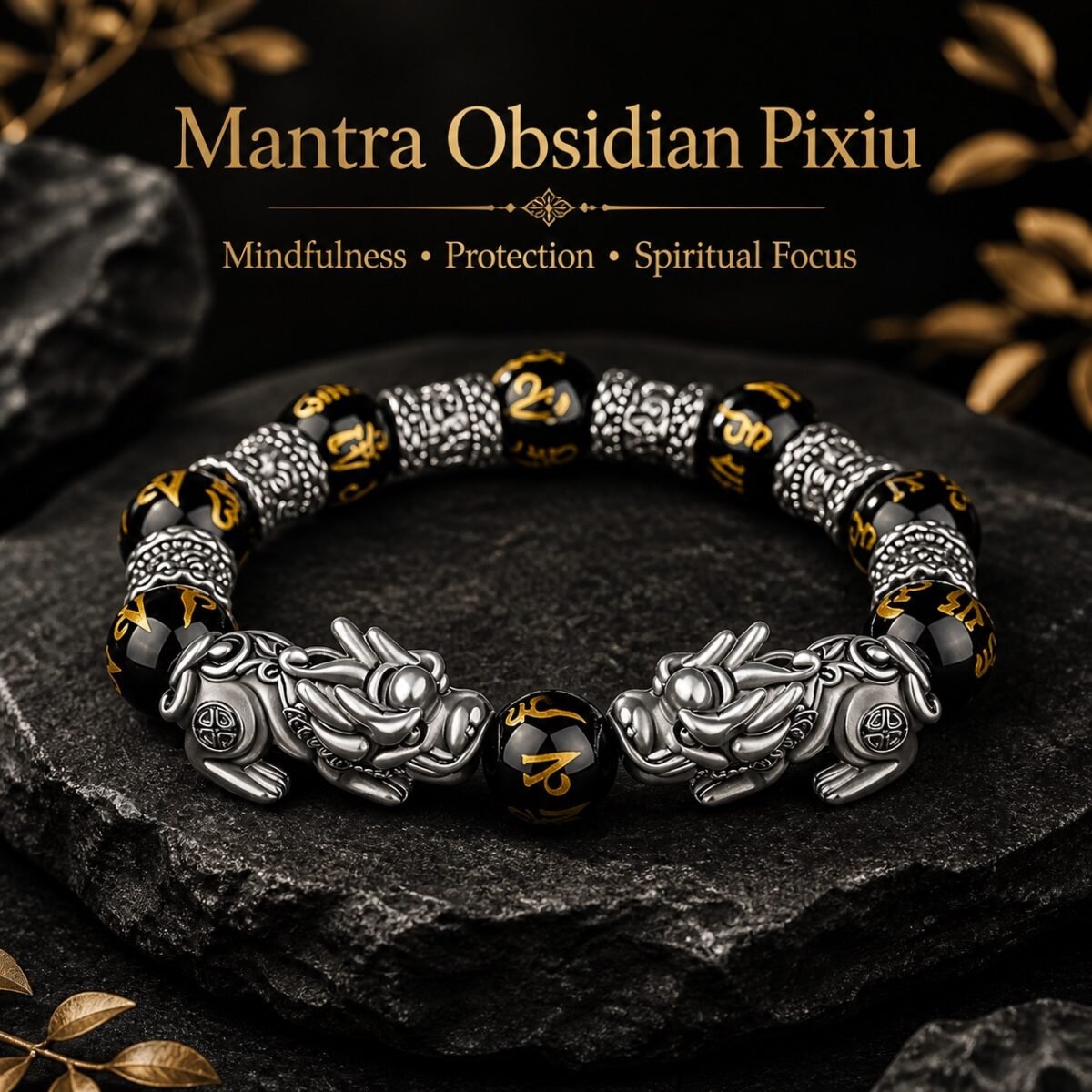 six-syllable-mantra-obsidian-pixiu-bracelet-03-meaning Obsidian Pixiu Bracelet with six-syllable mantra beads and Thai-silver Pixiu