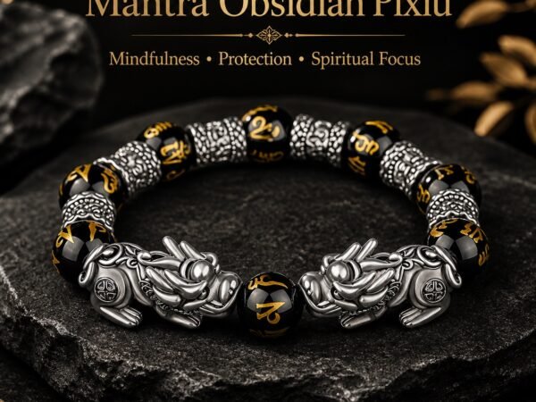 Obsidian Pixiu Bracelet with six-syllable mantra beads and Thai-silver Pixiu