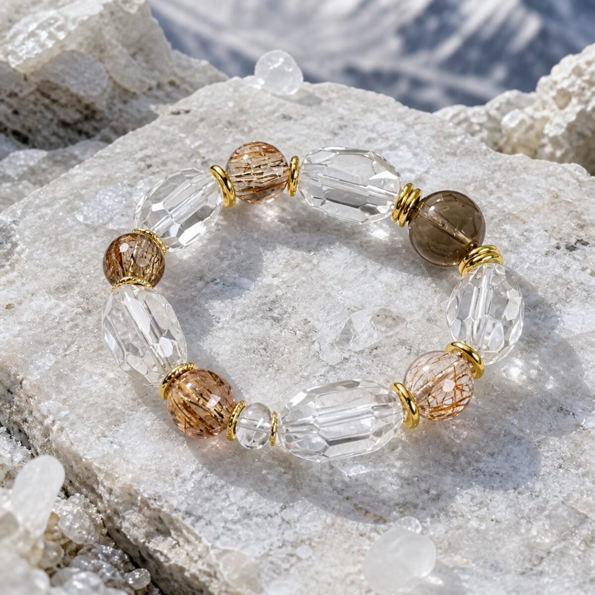 Smoky Quartz & Golden Rutile Clarity Bracelet with smoky and clear quartz beads