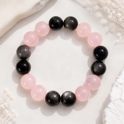 Soft Shield rose quartz and silver sheen obsidian stretch bracelet