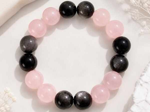 Soft Shield rose quartz and silver sheen obsidian stretch bracelet