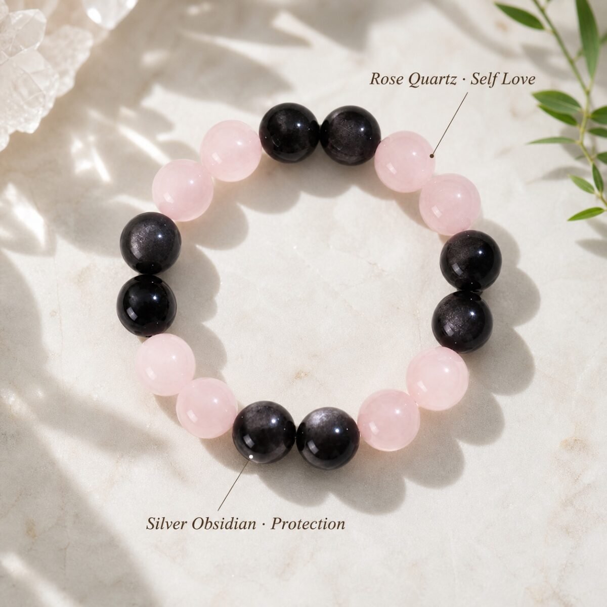 Soft Shield Rose Quartz & Silver Obsidian Bracelet