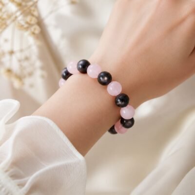 Soft Shield Rose Quartz & Silver Obsidian Bracelet