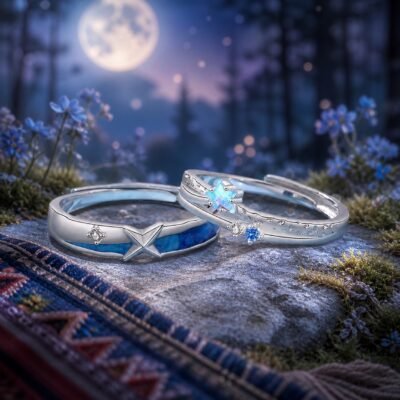 Starry Sea Promise Rings with a blue enamel butterfly ring and butterfly-free wave ring in S999 silver