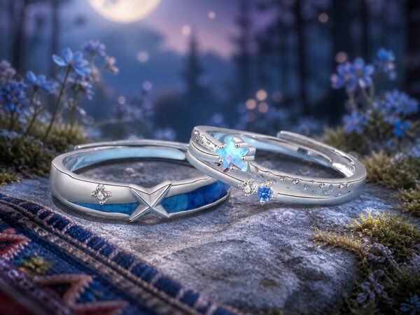 starry-sea-promise-rings-01-main Starry Sea Promise Rings with a blue enamel butterfly ring and butterfly-free wave ring in S999 silver