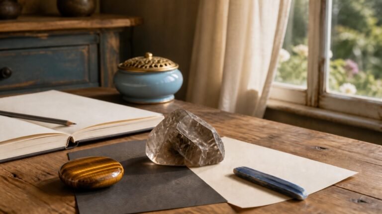 Smoky quartz, tiger eye, and blue kyanite arranged with a journal on a warm wooden desk