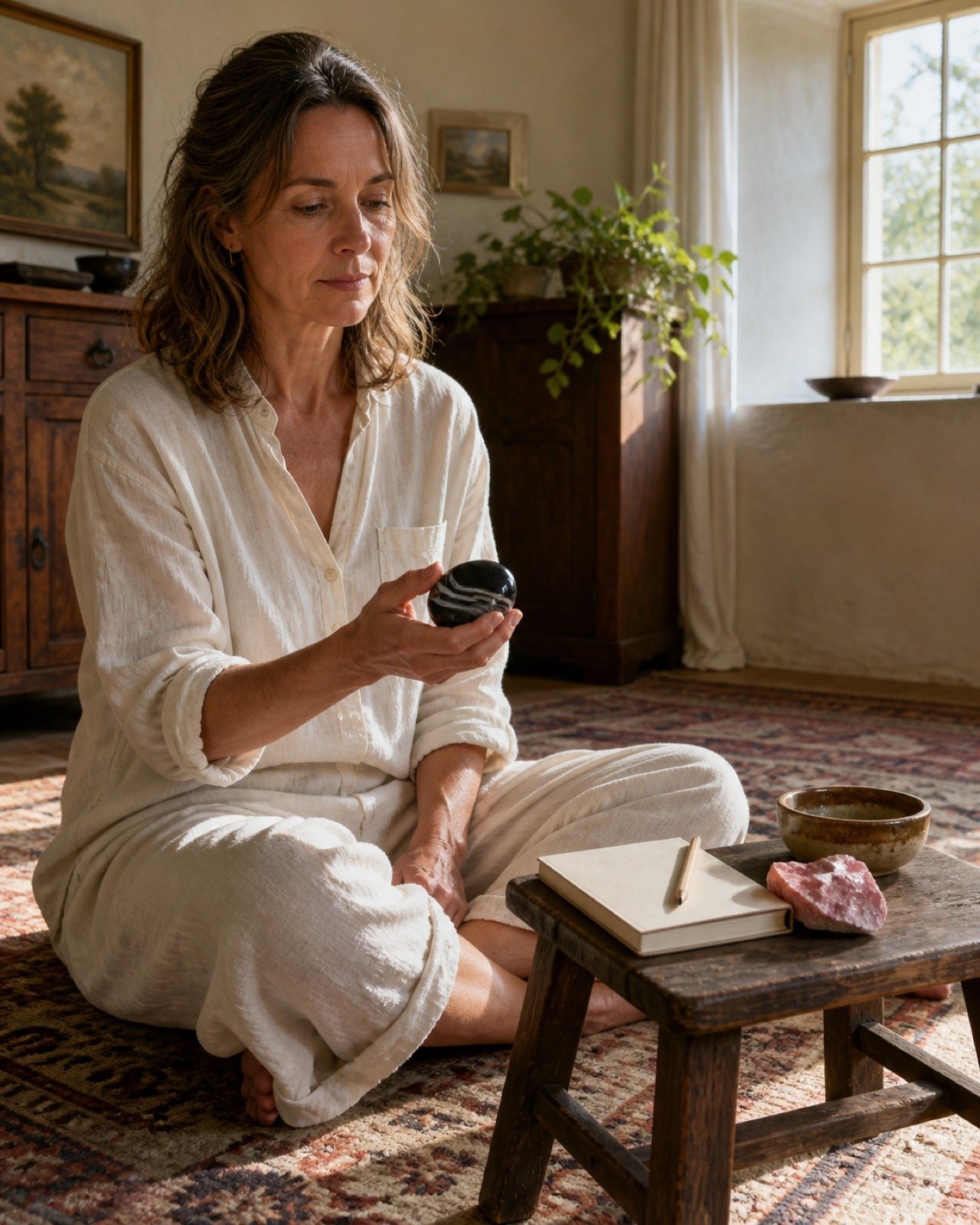 Crystal meditation with a polished stone beside a journal and rose-colored crystal