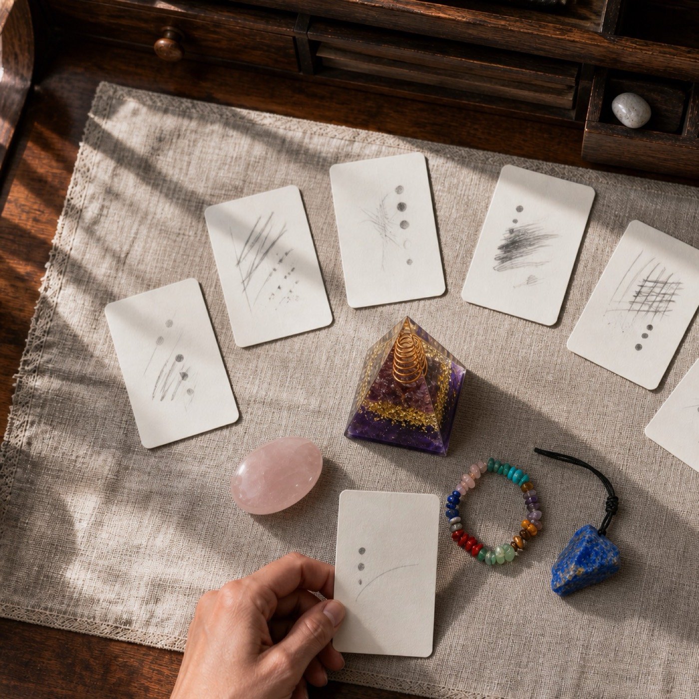 Crystal meditation reflection cards with rose quartz, lapis, and a crystal object