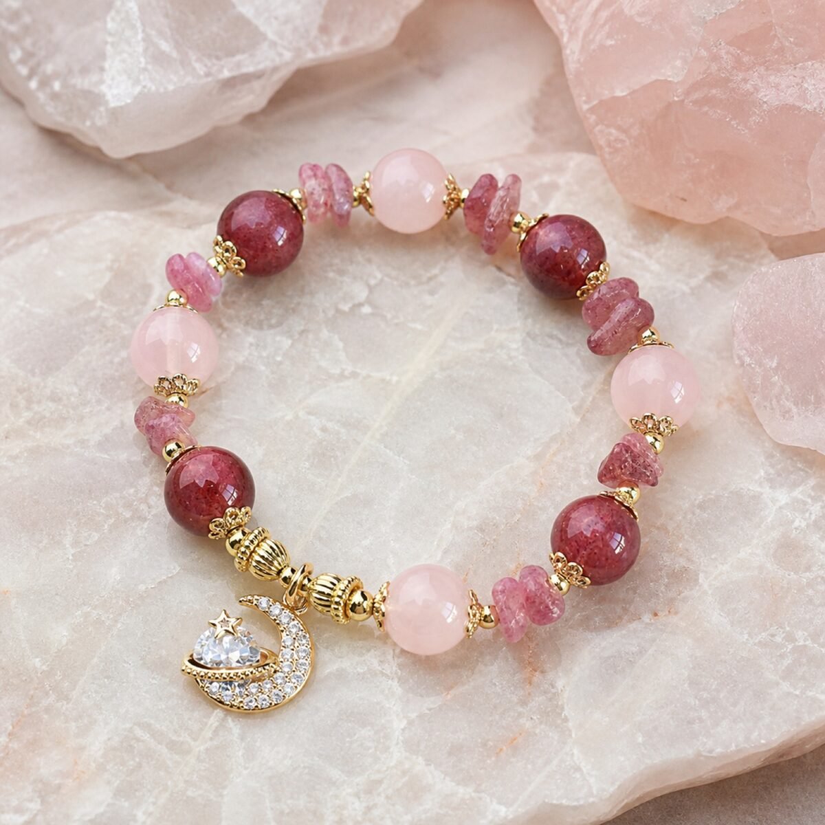 Strawberry Quartz Love Moon Princess Bracelet with pink gemstone beads and moon accents