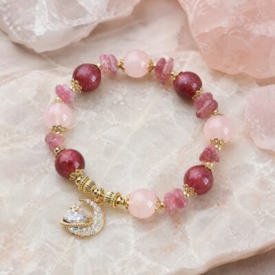 Strawberry Quartz Love Moon Princess Bracelet with pink gemstone beads and moon accents