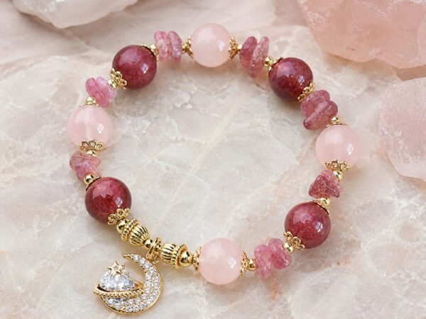 strawberry-quartz-love-moon-princess-bracelet-01-main Strawberry Quartz Love Moon Princess Bracelet with pink gemstone beads and moon accents