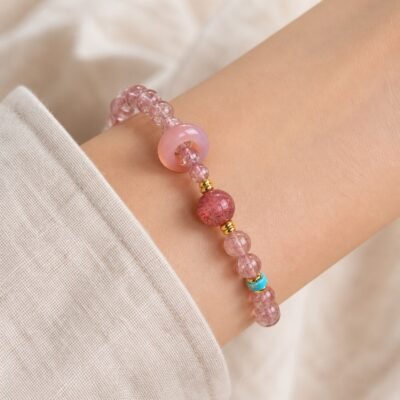 strawberry-quartz-peach-blossom-love-bracelet-04-wearing Strawberry Quartz Peach Blossom Love Bracelet