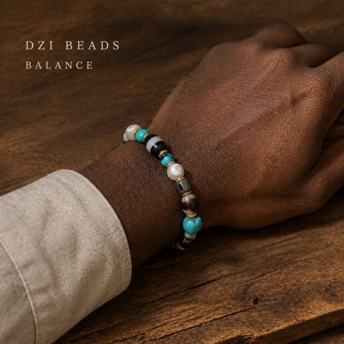 Turquoise & Earth-Red Himalayan Dzi Protection Bracelet