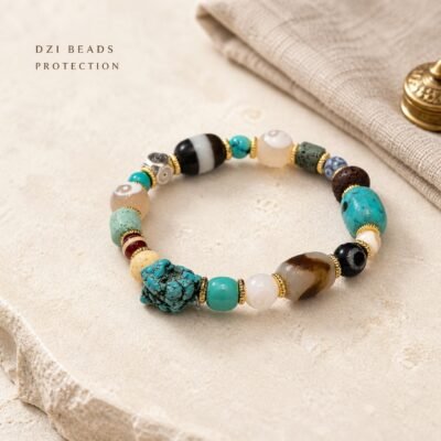 Turquoise & Earth-Red Himalayan Dzi Protection Bracelet