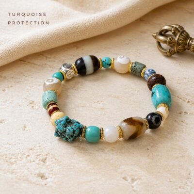Turquoise & Earth-Red Himalayan Dzi Protection Bracelet