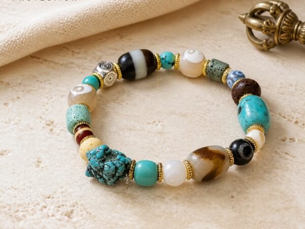 Turquoise & Earth-Red Himalayan Dzi Protection Bracelet