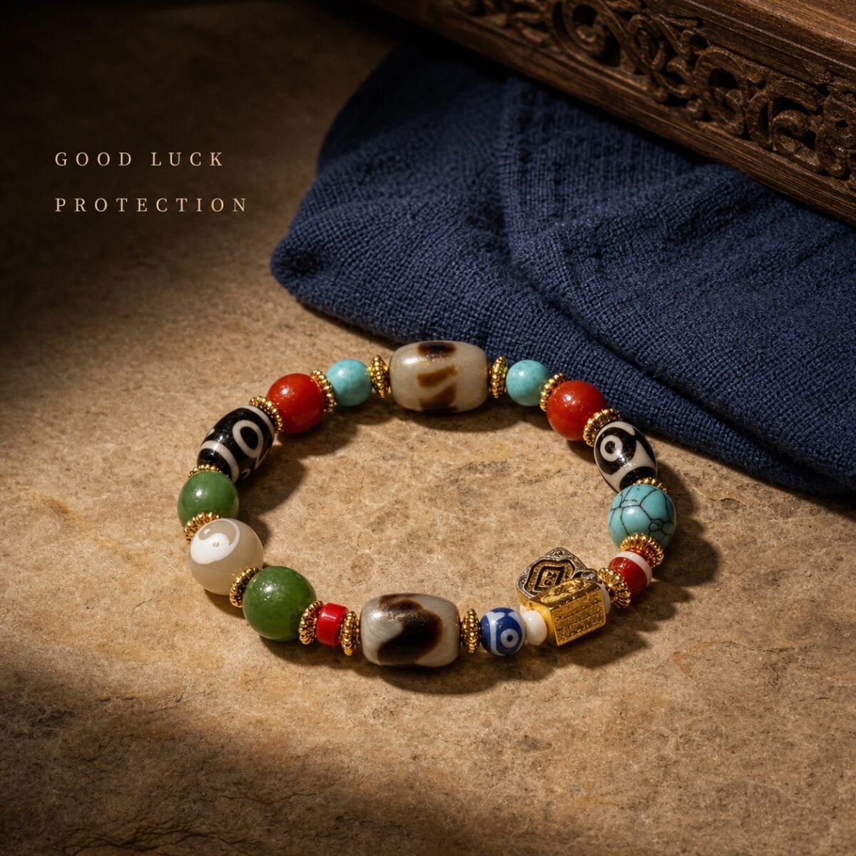 Turquoise & Earth-Red Himalayan Dzi Protection Bracelet