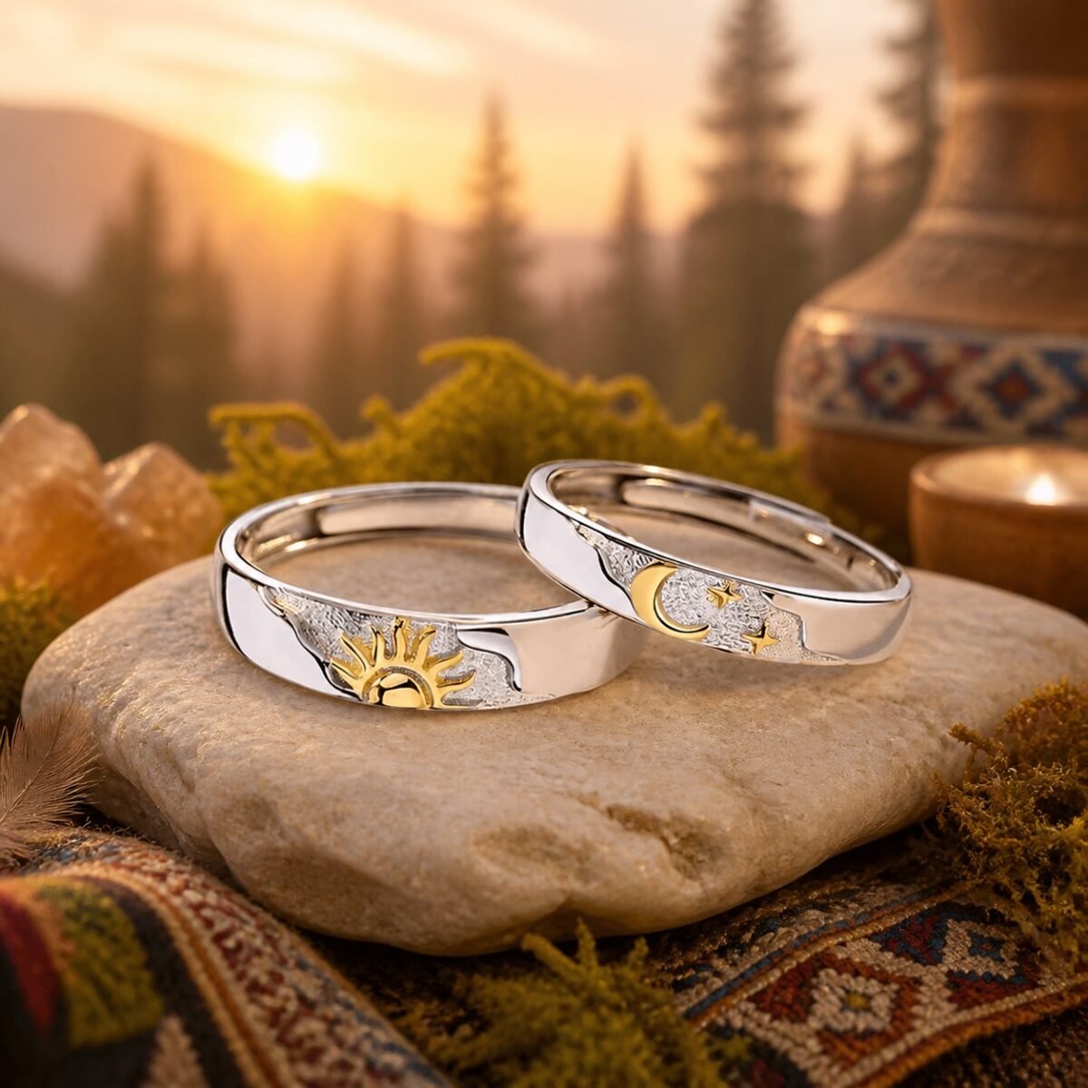 Sun & Moon Promise Rings in S925 sterling silver with gold-tone sun and crescent moon motifs