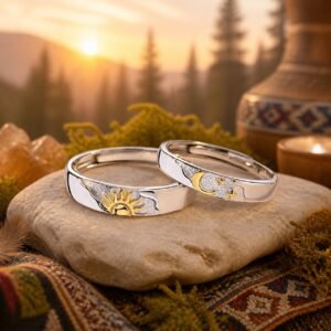 Sun & Moon Promise Rings in S925 sterling silver with gold-tone sun and crescent moon motifs
