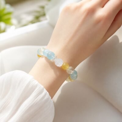 sunlit-calm-aquamarine-yellow-apatite-bracelet-03-wearing Sunlit Calm Aquamarine Yellow Apatite & Clear Quartz Bracelet