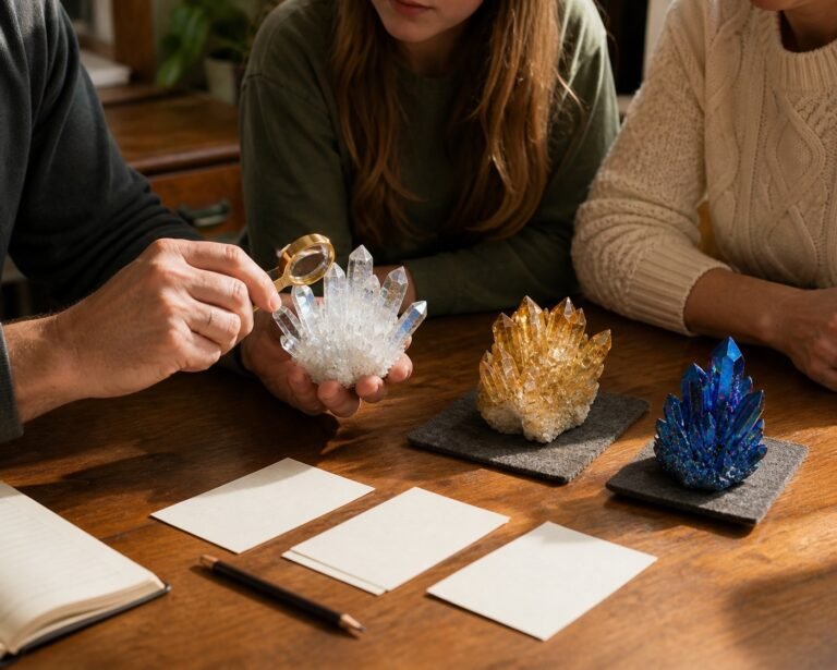 A group examines clear, golden, and blue crystal specimens with a loupe beside blank identification cards