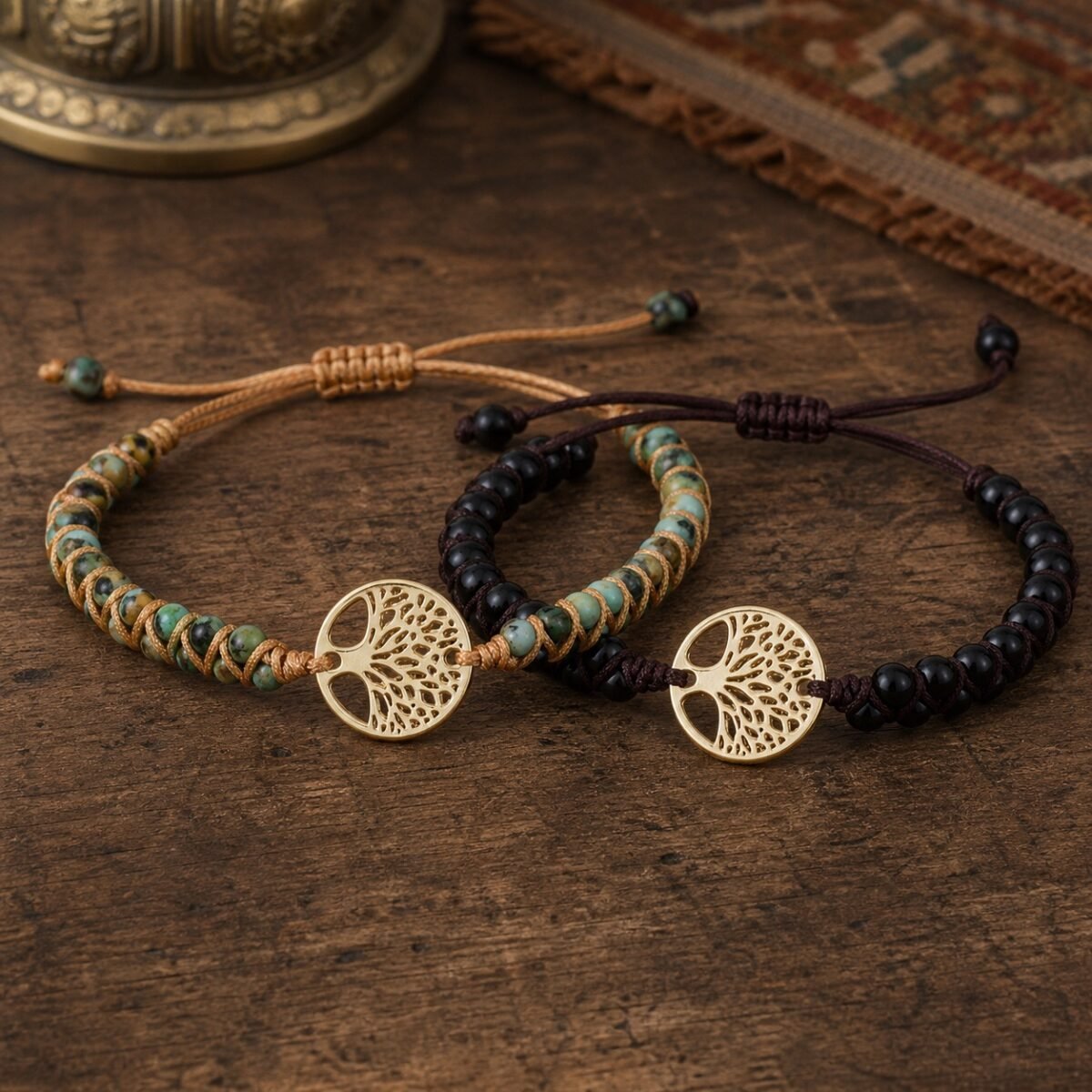Knotted Stone Intention Bracelet with natural stone beads and gold-tone focal details