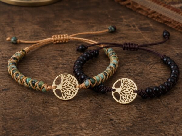 symbolic-stone-macrame-bracelet-01-main-pair Knotted Stone Intention Bracelet with natural stone beads and gold-tone focal details