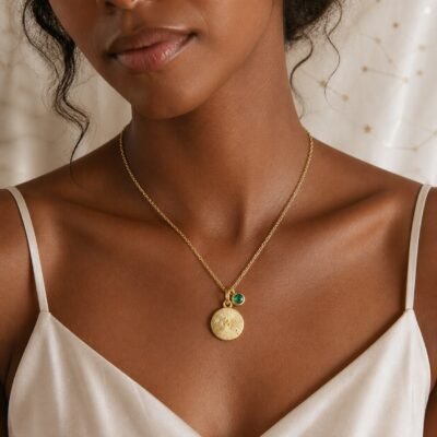 taurus-gold-zodiac-medallion-necklace-03-worn-deep Taurus Gold Constellation Medallion Necklace