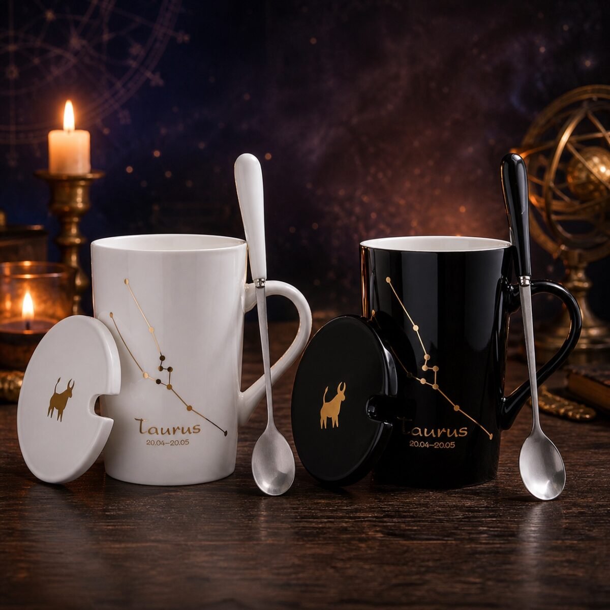 Taurus Ceramic Mug Set with gold-fired constellation design, ceramic lid, and spoon