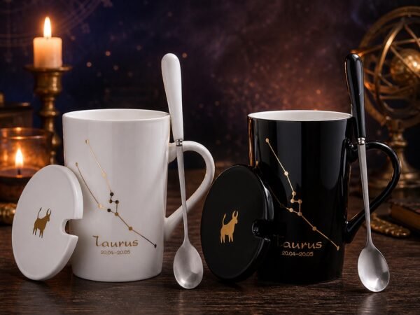 Taurus Ceramic Mug Set with gold-fired constellation design, ceramic lid, and spoon