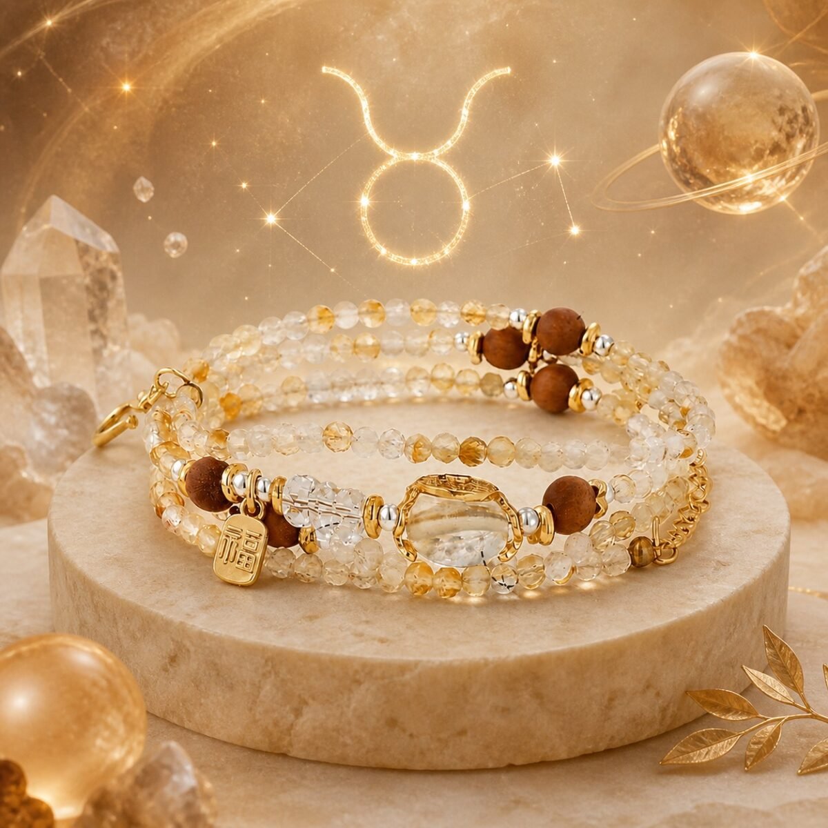 Taurus Wrap Bracelet with golden rutilated quartz, agarwood, and citrine