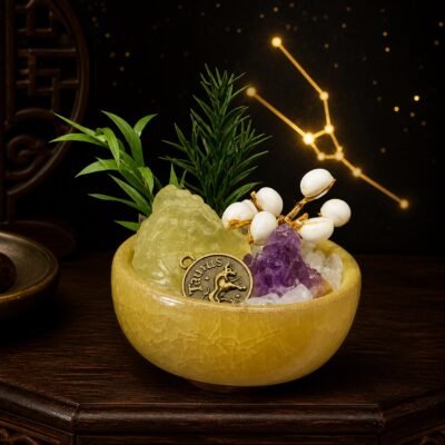 Taurus Crystal Micro-Landscape Desk Decor with citrine, amethyst, clear quartz, botanical accents, and zodiac medallion