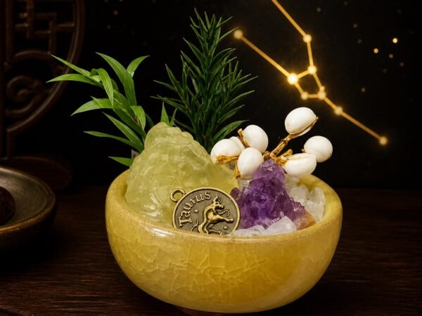 taurus-zodiac-crystal-micro-landscape-desk-decor-01-main Taurus Crystal Micro-Landscape Desk Decor with citrine, amethyst, clear quartz, botanical accents, and zodiac medallion