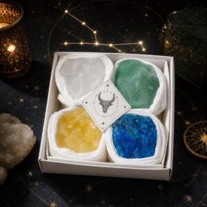 Taurus Four Raw Crystal Gift Set with clear quartz, green aventurine, citrine, and blue apatite