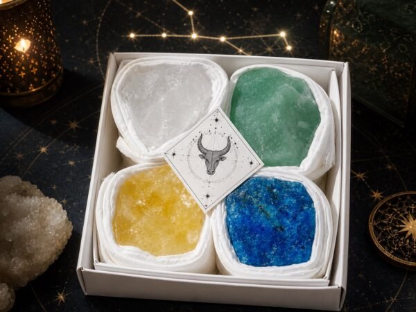 taurus-zodiac-four-raw-crystal-gift-set-01-box Taurus Four Raw Crystal Gift Set with clear quartz, green aventurine, citrine, and blue apatite