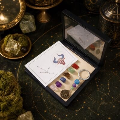 taurus-zodiac-seven-chakra-crystal-keychain-gift-set-01-box Taurus Seven Chakra Crystal Keychain with seven raw stones, three accent beads, and brass-tone medallion