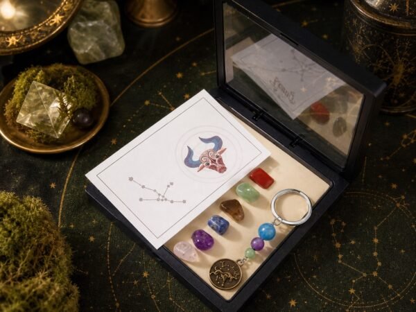 Taurus Seven Chakra Crystal Keychain with seven raw stones, three accent beads, and brass-tone medallion